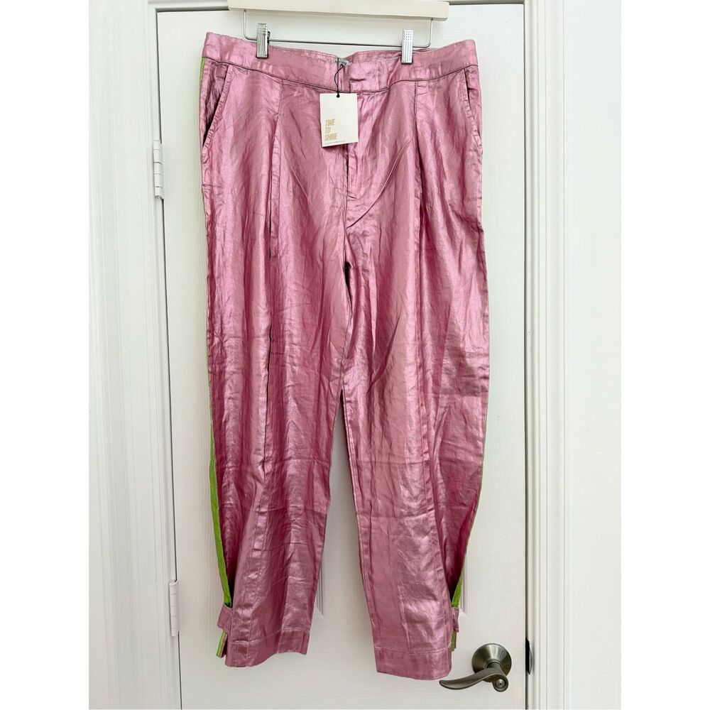 Lanhtropy Watermelon Pink Lime Gramercy Metallic Linen Pants Joggers‎ Large NWT